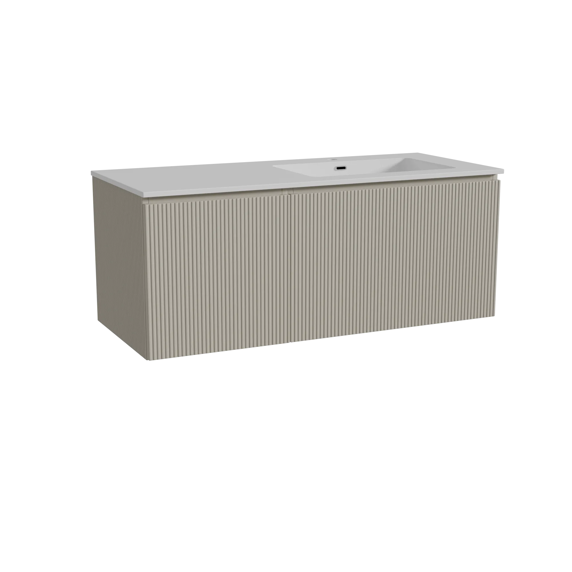 Storke Ribs meuble salle de bains suspendu 120 x 52 cm soie grise avec Diva plan vasque asymétrique à droite en marbre composite